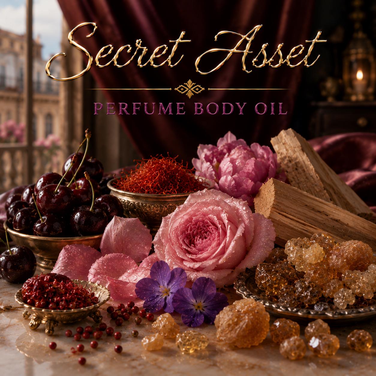 Secret Asset Perfume Body Oil – Black Cherry Rose Saffron Body Oil | Mikas Aromas 4 oz