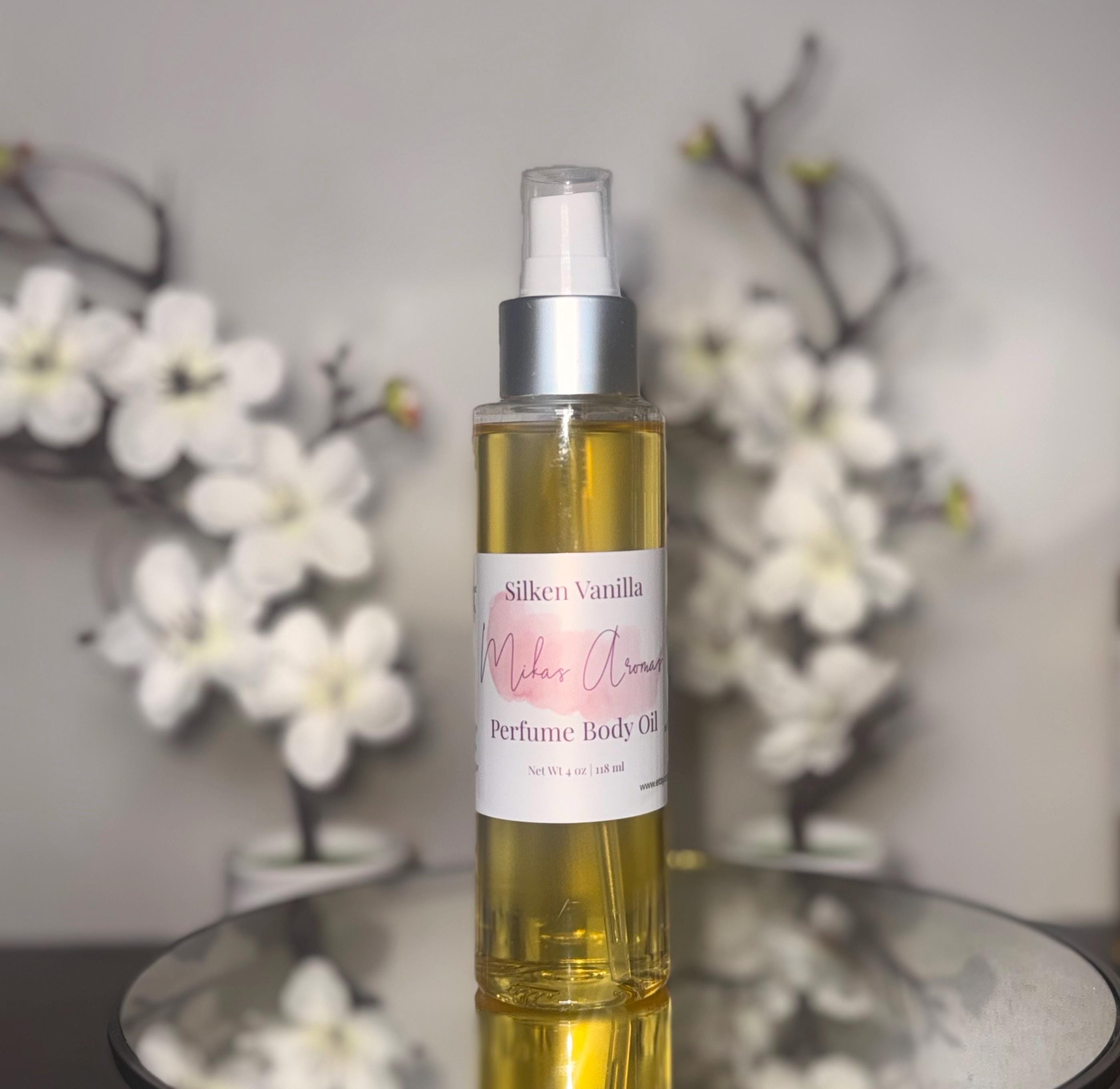 Silken Vanilla Perfume Body Oil – Long Lasting Creamy Vanilla Scented Body Oil | Mikas Aromas 4 oz