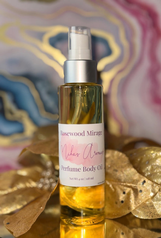 Rosewood Mirage Perfume Body Oil – Dark Rose Chestnut Cocoa Scented Body Oil | Mikas Aromas 4 oz