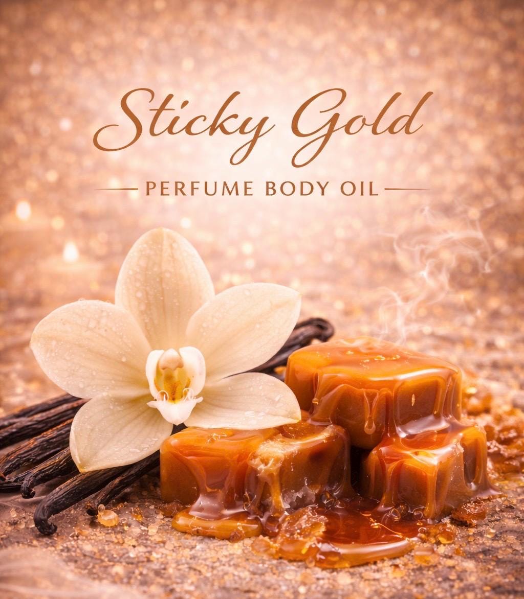 Sticky Gold Perfume Body Oil – Creamy Vanilla Caramel Orchid Scented Body Oil | Mikas Aromas 4 oz