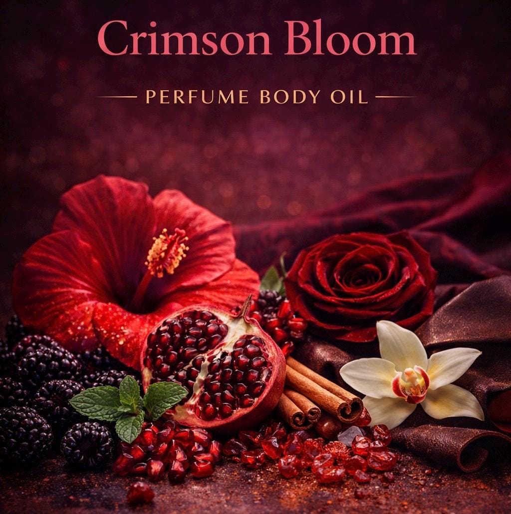 Crimson Bloom Perfume Body Oil – Hibiscus Rose Vanilla Amber Scented Body Oil | Mikas Aromas 4 oz