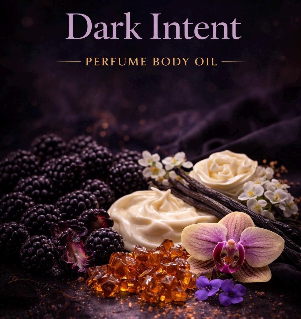 Dark Intent Perfume Body Oil – Blackberry Vanilla Amber Scented Body Oil | Mikas Aromas 4 oz