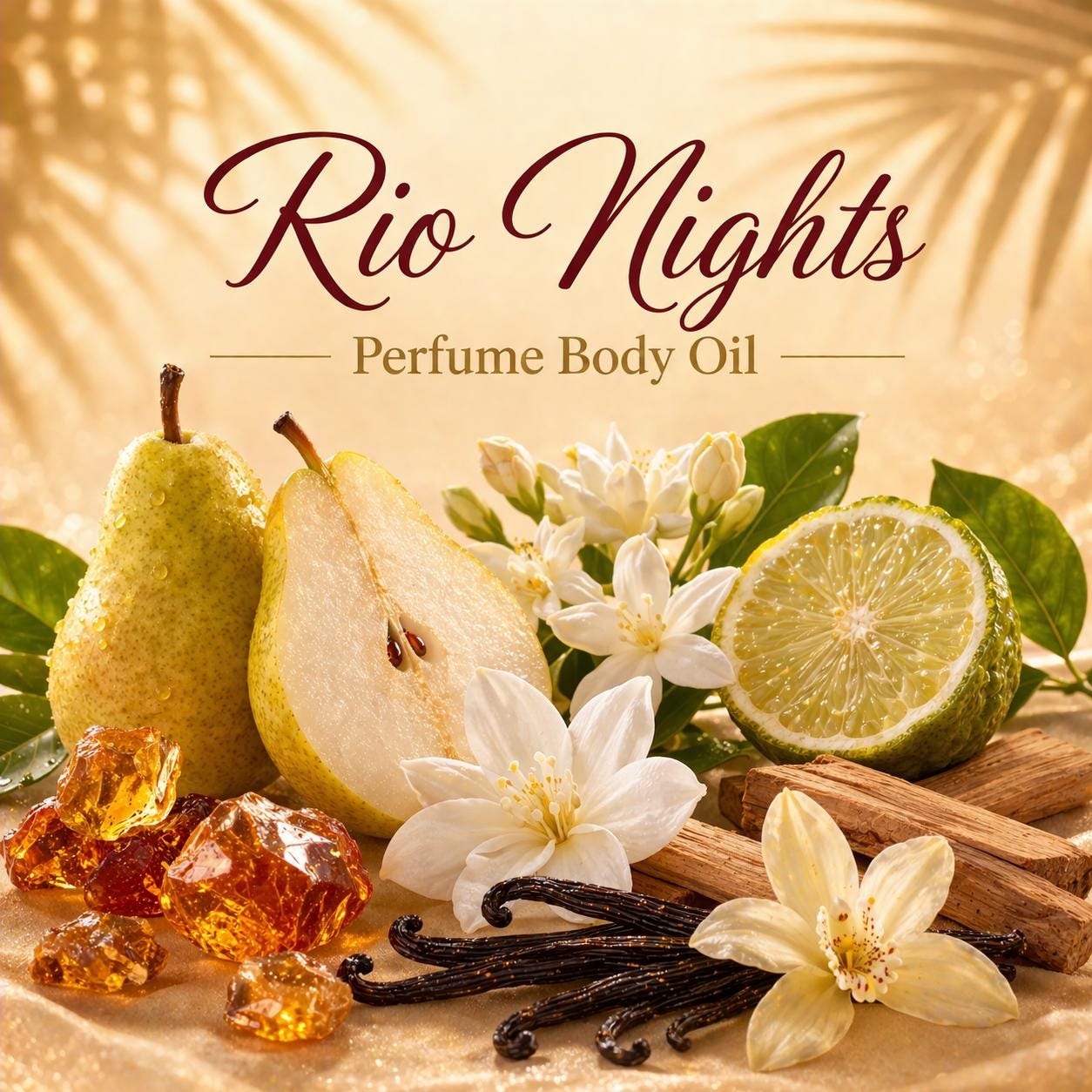Rio Nights Perfume Body Oil – Pear Jasmine Vanilla Amber Scented Body Oil | Mikas Aromas 4 oz