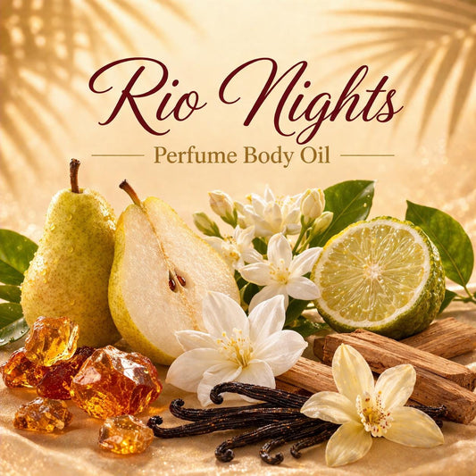 Rio Nights Perfume Body Oil – Pear Jasmine Vanilla Amber Scented Body Oil | Mikas Aromas 4 oz