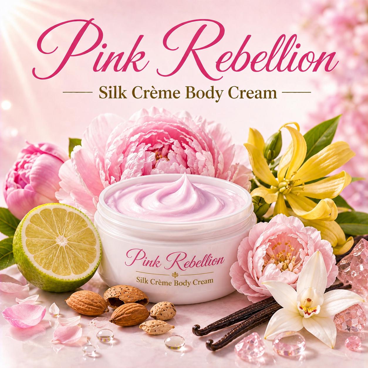 Pink Rebellion Silk Crème Body Cream – Almond Peony Vanilla Scented Body Cream | Mikas Aromas 9 oz