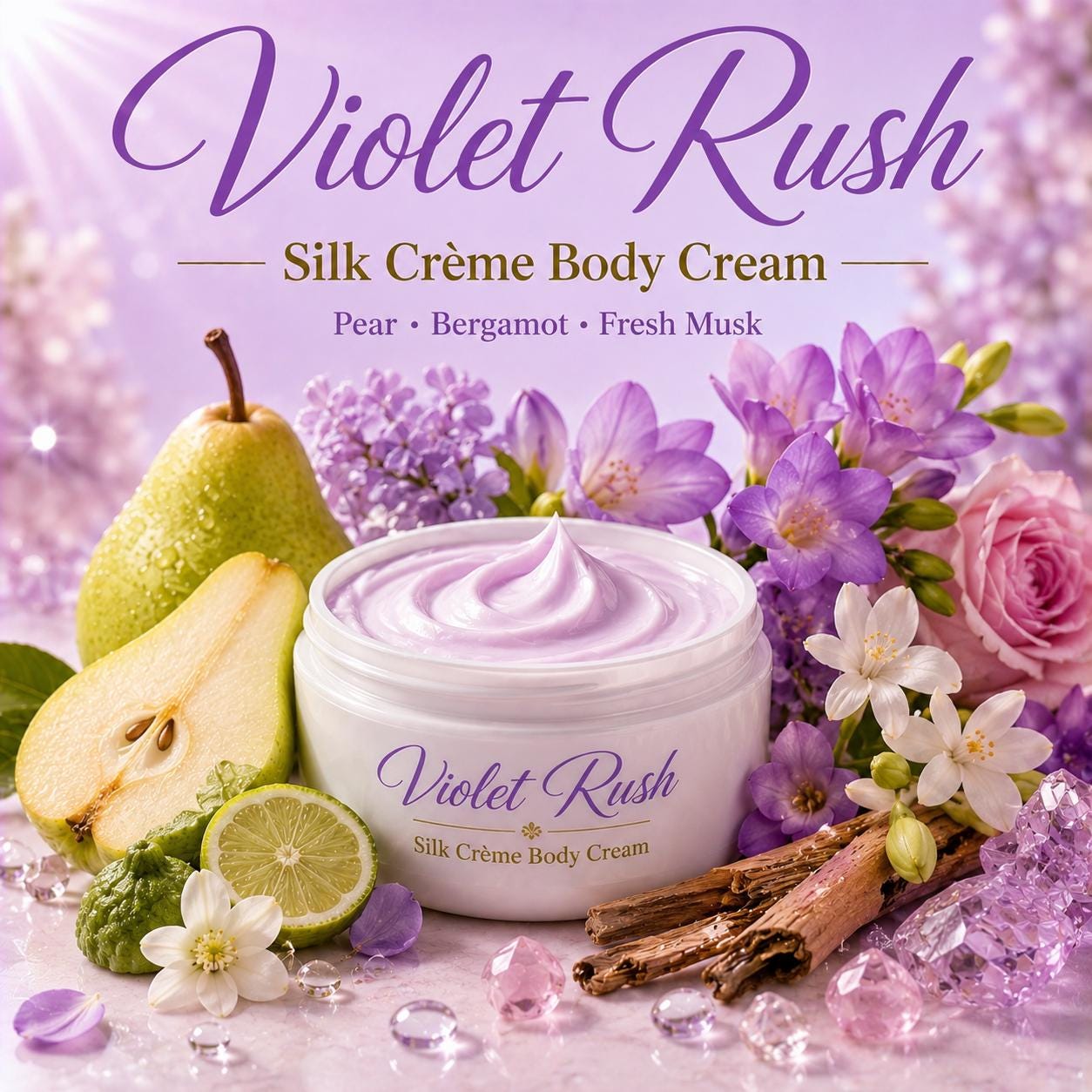 Violet Rush Silk Crème Body Cream – Pear Bergamot Fresh Musk Scented Body Cream | Mikas Aromas 9 oz
