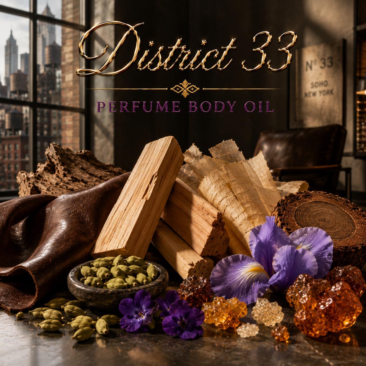 District 33 Perfume Body Oil – Sandalwood Leather Cardamom Body Oil | Mikas Aromas 4 oz