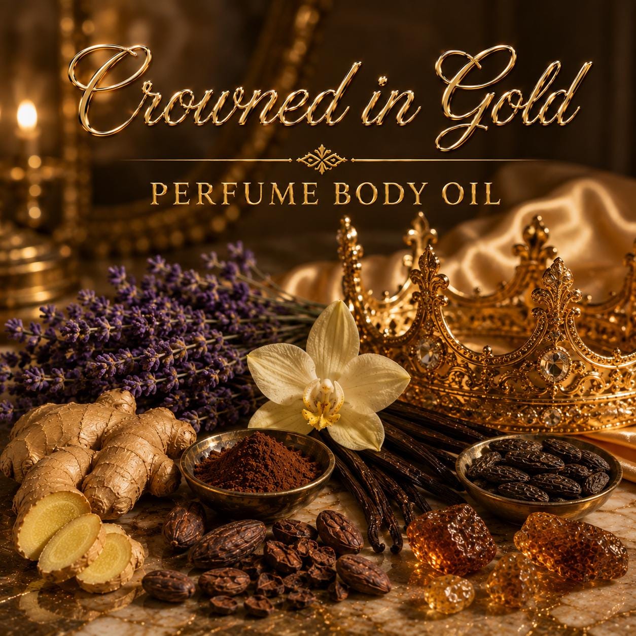 Crowned in Gold Perfume Body Oil – Vanilla Lavender Cocoa Gourmand Body Oil | Mikas Aromas 4 oz
